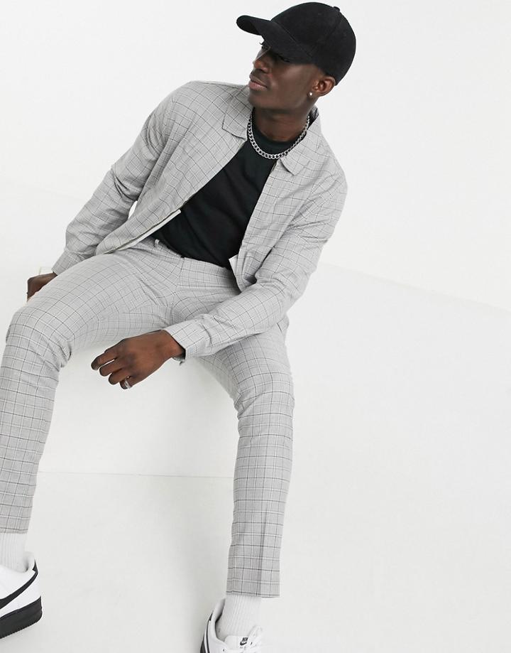 Asos Design Smart Harrington Jacket In Grid Plaid Heather Gray - Part Of A Set-brown