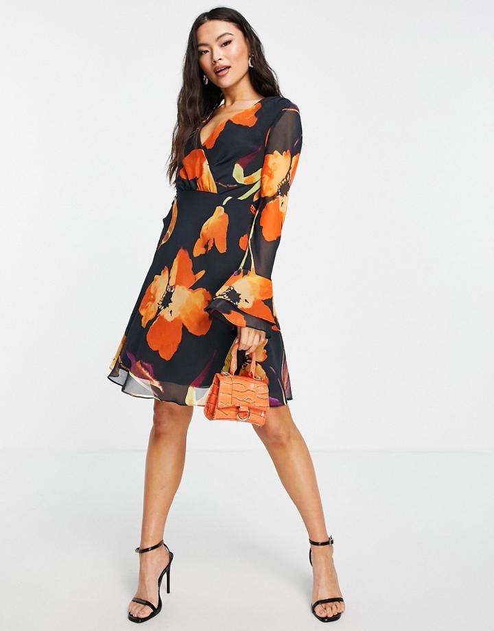 Asos Design Wrap Front Tie Skirt Mini Dress In Oversized Abstract Floral-multi