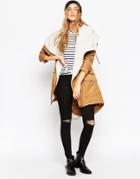 Asos Parka With Waterfall Front And Borg Liner - Tobacco