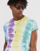 Asos Design Oversized T-shirt With Roll Sleeve With Multicolor Vertical Tie Dye Wash - Multi