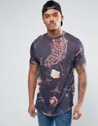 Asos Linen Look Longline T-shirt With Floral Print And Curved Hem - Black