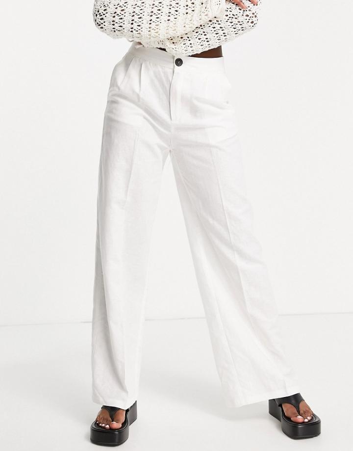 Bershka Straight Leg Linen Pants In Off White