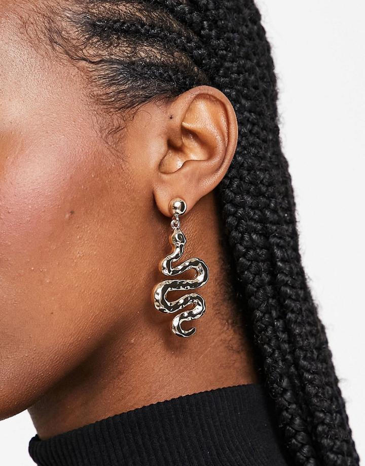 Asos Design Earrings With Snake Drop In Gold Tone
