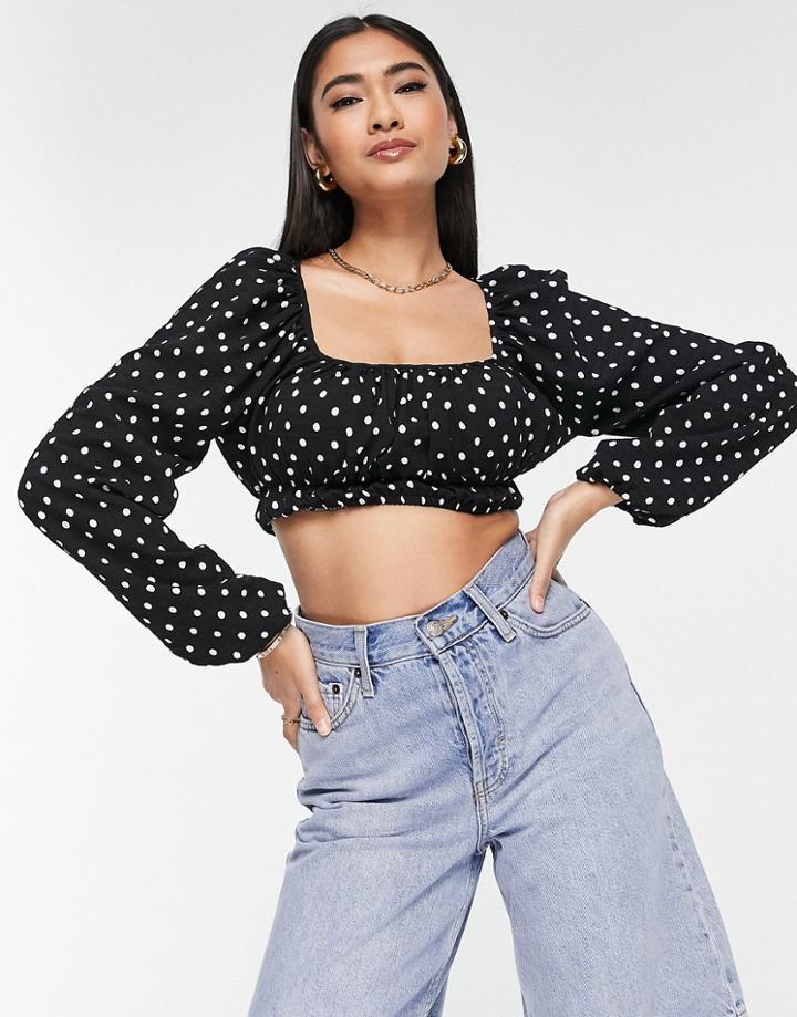 Lola May Cropped Puff Sleeve Blouse In Polka Dot-black