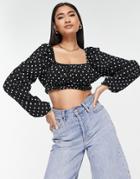 Lola May Cropped Puff Sleeve Blouse In Polka Dot-black