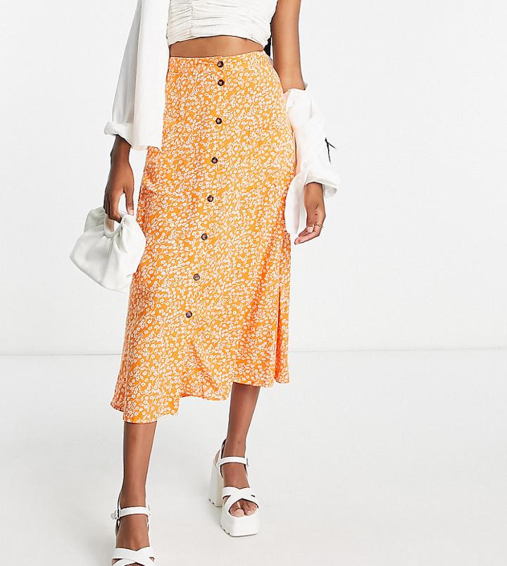 Asos Design Tall Button Through Pocket Midi Skirt In Orange Ditsy Floral-multi