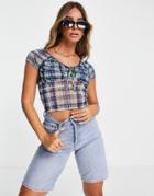 Topshop Short Sleeve Mesh Trim Top In Plaid Print-multi