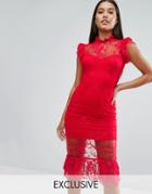 Naanaa High Neck Lace Midi Dress With Pephem - Red