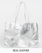 Asos Unlined Leather Shopper Bag With Skinny Straps - Silver