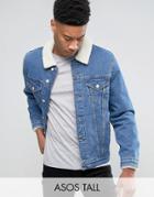 Asos Tall Denim Jacket With Fleece Collar In Mid Wash - Blue