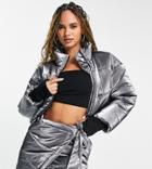 Asyou Satin Crop Puffer Jacket In Metallic Silver - Part Of A Set-black