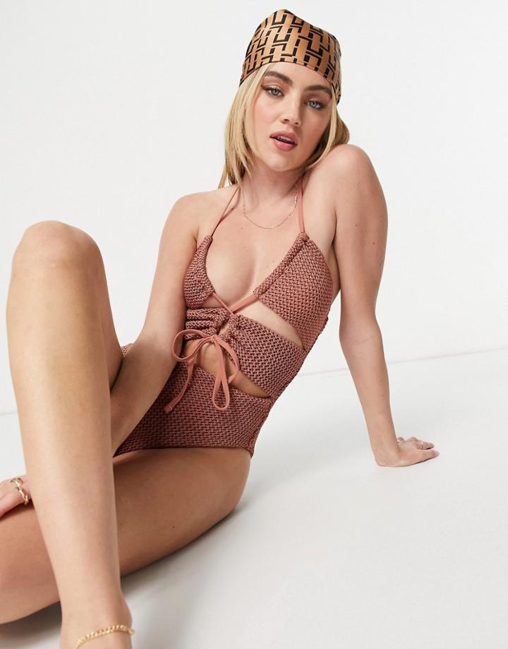 Asos Design Crochet Cut Out Tie Front Swimsuit In Copper Brown