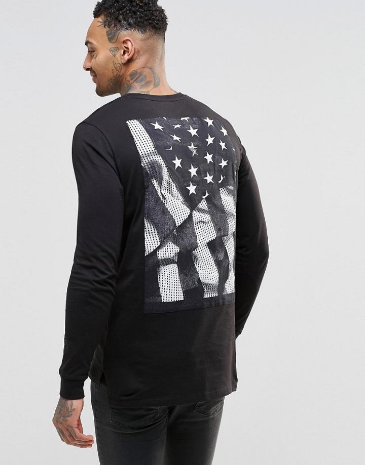 Asos Longline Long Sleeve T-shirt With Flag Applique - Black