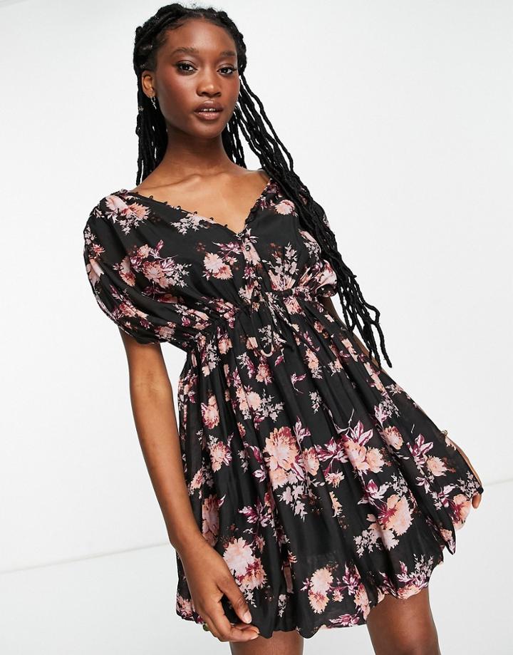 Asos Design Button Detail Mini Dress With Puff Ball Skirt In Dark Floral-multi
