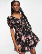 Asos Design Button Detail Mini Dress With Puff Ball Skirt In Dark Floral-multi