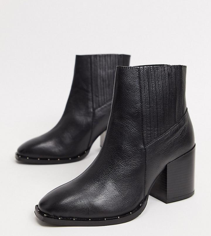 Asos Design Wide Fit Restless Leather Block Heel Boots In Black