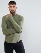 Religion Muscle Fit Long Sleeve T-shirt In Khaki With Drop Hem - Green