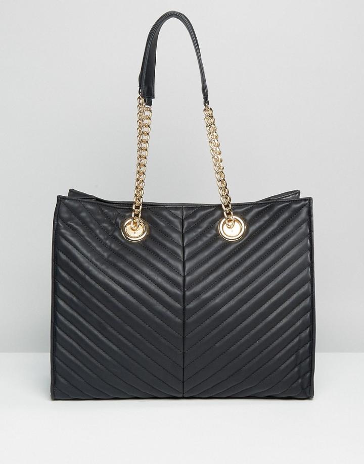 Asos Quilted Chevron Tote Bag With Chain Handle - Black