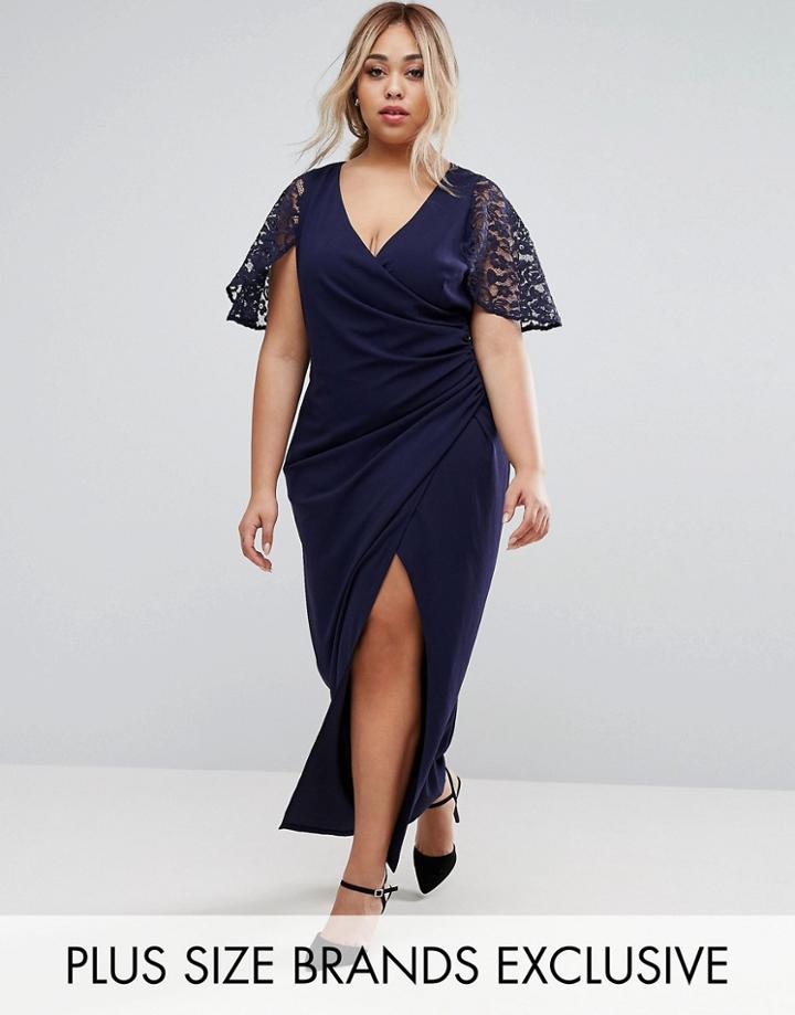 Little Mistress Plus Wrap Front Maxi Dress With Lace Sleeves - Navy