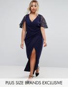 Little Mistress Plus Wrap Front Maxi Dress With Lace Sleeves - Navy