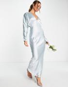 Asos Design Bridesmaid Satin Bias Maxi Dress With Batwing Sleeve In Blue