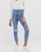 Asos Design Farleigh High Waist Slim Mom Jeans In Light Vintage Wash With Busted Knee And Rip & Repair Detail - Blue