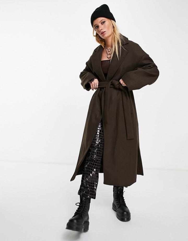 Bershka Maxi Belted Coat In Chocolate Brown
