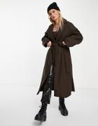 Bershka Maxi Belted Coat In Chocolate Brown
