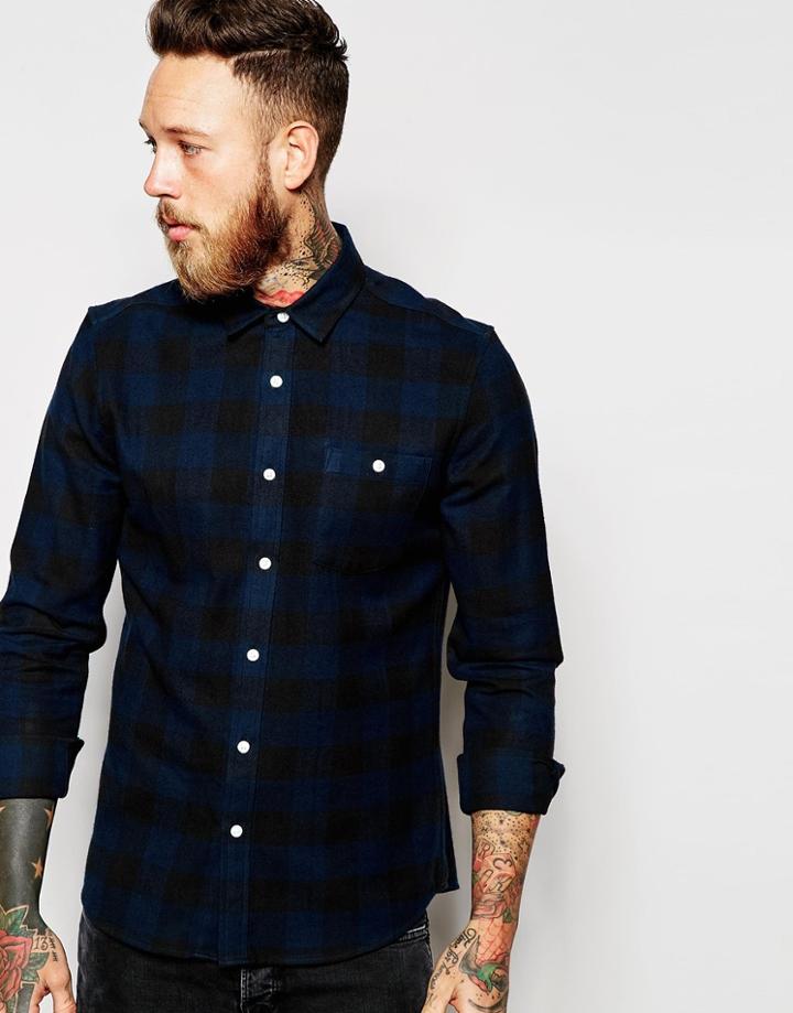 Asos Buffalo Plaid Shirt In Navy With Long Sleeves - Navy