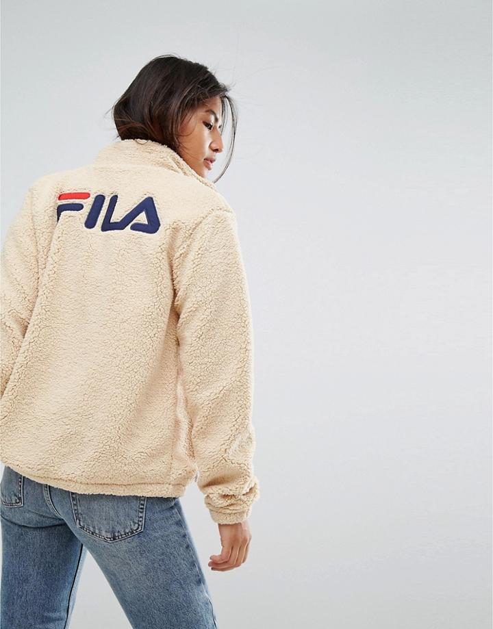 Fila Oversized Zip Through Sherpa Fleece Jacket With Back Logo - Cream
