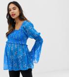 Asos Design Maternity Long Sleeve Sheer Square Neck Top With Shirring In Floral Print - Multi