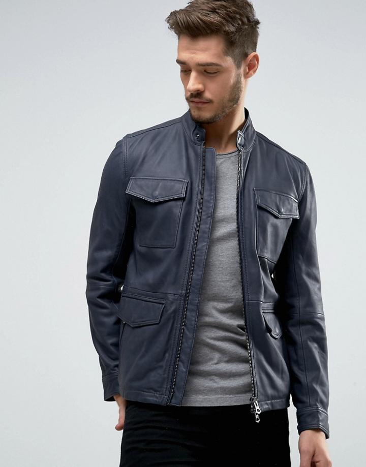 Boss Orange By Hugo Boss Leather Jacket 4 Pocket - Navy