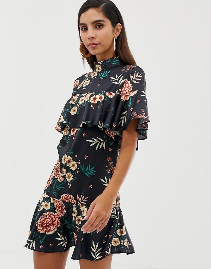 Liquorish Satin Floral Mini Dress With High Neck And Ruffle Detail-multi