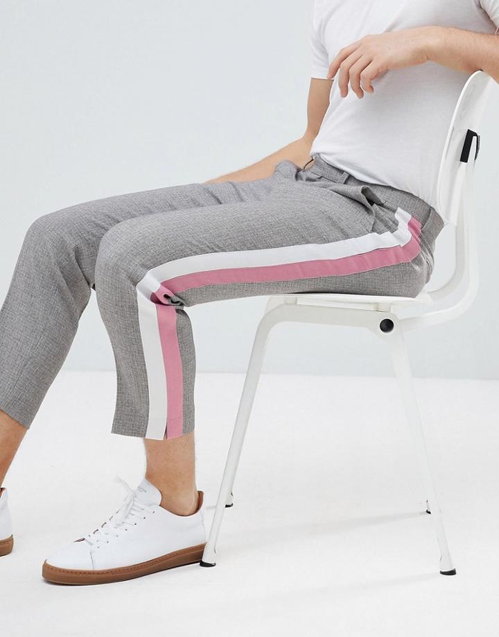 Asos Tapered Smart Pants In Gray Texture With Pastel Side Stripes - Gray