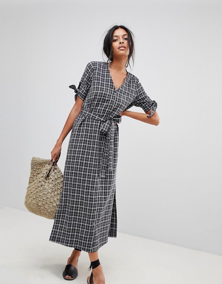 Moon River Plaid Midi Dress - Navy