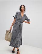 Moon River Plaid Midi Dress - Navy
