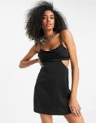 Asos Design Satin Bias Mini Dress With Pleated Bodice And Cut Out Detail-black