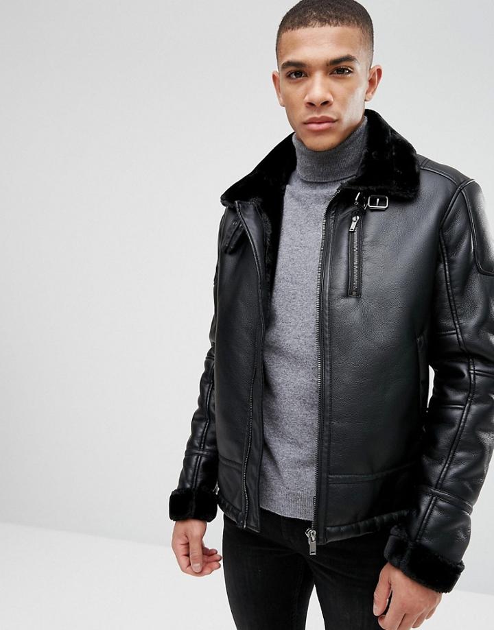 Stradivarius Faux Fur Lined Aviator Jacket In Black - Black