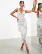 Asos Edition Embellished Pastel Fringe Cami Midi Dress In Silver