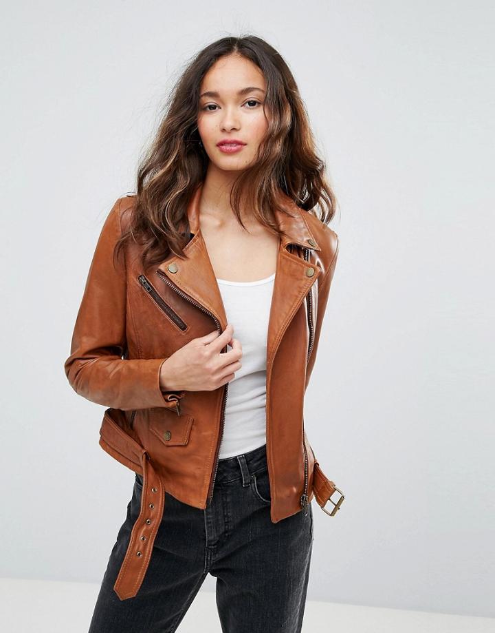 Barney's Originals Leather Belted Assymetric Biker Jacket - Tan