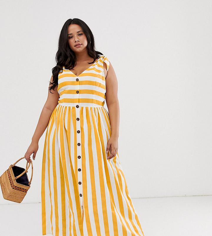 Asos Design Curve Button Through Smock Maxi Dress In Stripe-multi