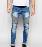 Liquor N Poker Skinny Zip Biker Jeans In Stonewash Blue - Blue