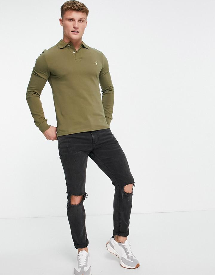 Polo Ralph Lauren Icon Logo Long Sleeve Slim Fit Pique Polo In Olive Green