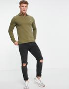 Polo Ralph Lauren Icon Logo Long Sleeve Slim Fit Pique Polo In Olive Green