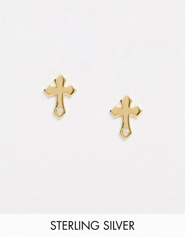Designb Gold Plated Cross Stud Earrings In Sterling Silver