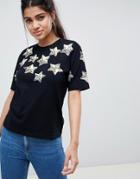 Asos Design T-shirt With Sequin Star Embellishment - Black
