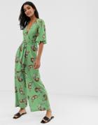 Liquorish Wide Leg Jumpsuit In Green With Tiger Print