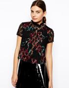 Asos Lace Victoriana High Neck Top With Floral Printed Lining - Multi