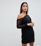 Asos Design Petite Off Shoulder Sweat Dress With Mesh Sleeve-black