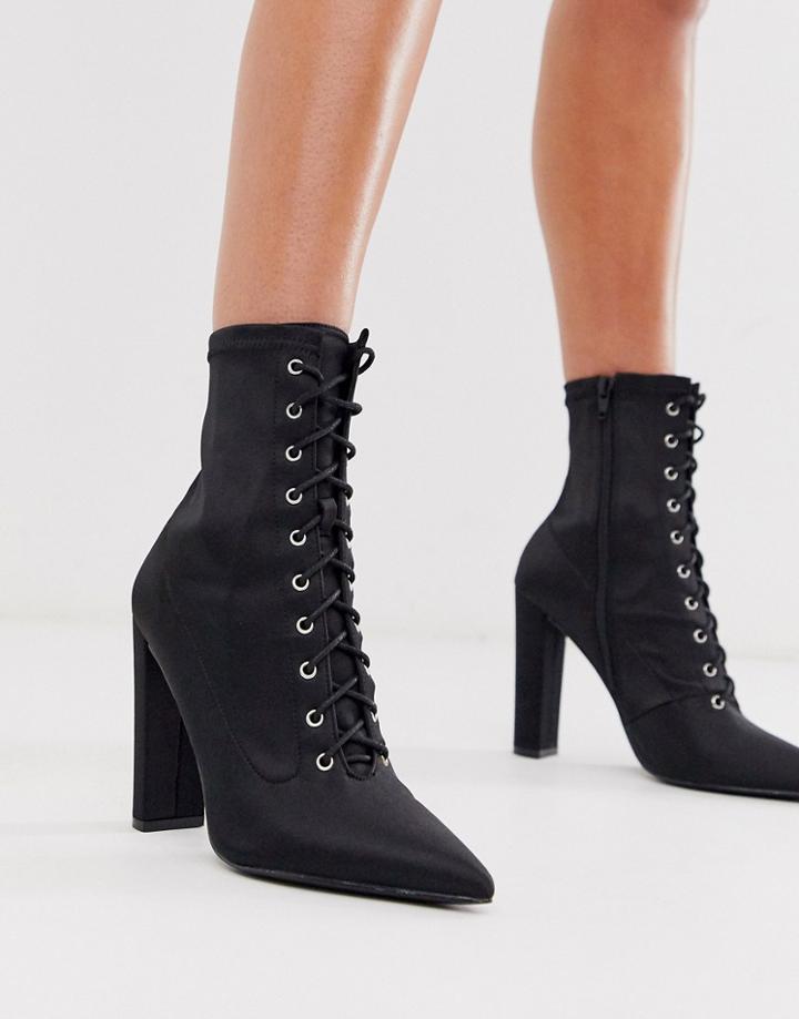 Asos Design Equals Lace Up Block Heel Boots In Black Satin